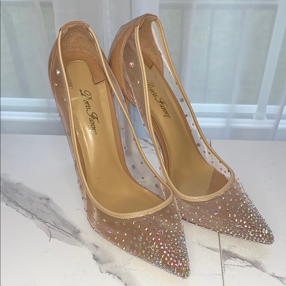 Rhinestone Nude Patent Leather & Mesh Heels - Size 42 - Picture 2 of 11